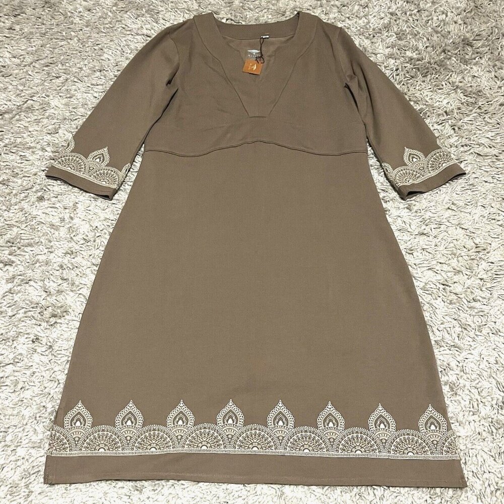 NWT Acacia Organic Cotton Brown 3/4 Sleeve V-Neck Knee Length Dress Womens sz M